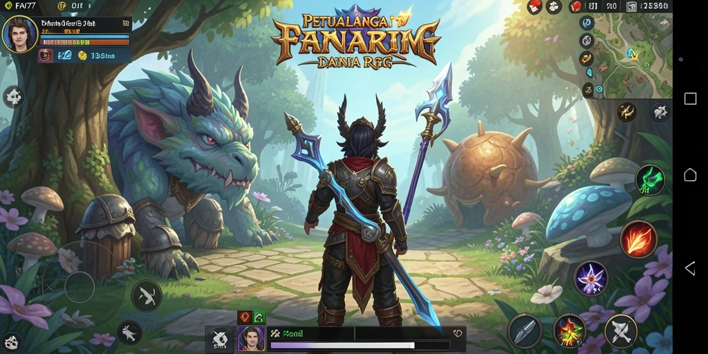 Screenshot gameplay FAV77 yang menunjukkan pertarungan epik dan dunia fantasi.
