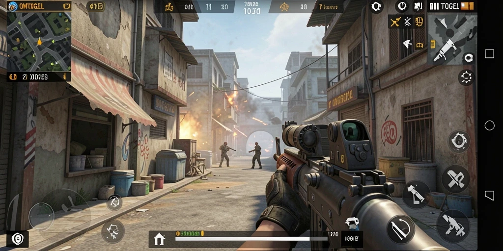 Tangkapan layar gameplay <strong>OMTOGEL</strong> menampilkan aksi seru dalam pertempuran FPS.